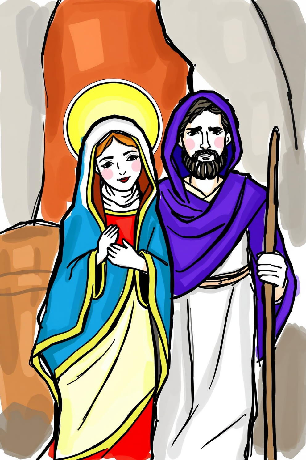 Mary and Joseph Colorful Sketch Drawing