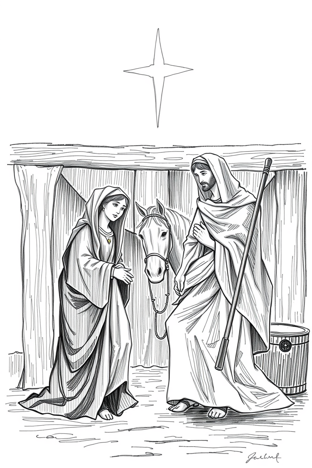 Mary and Joseph in the Stable Drawing