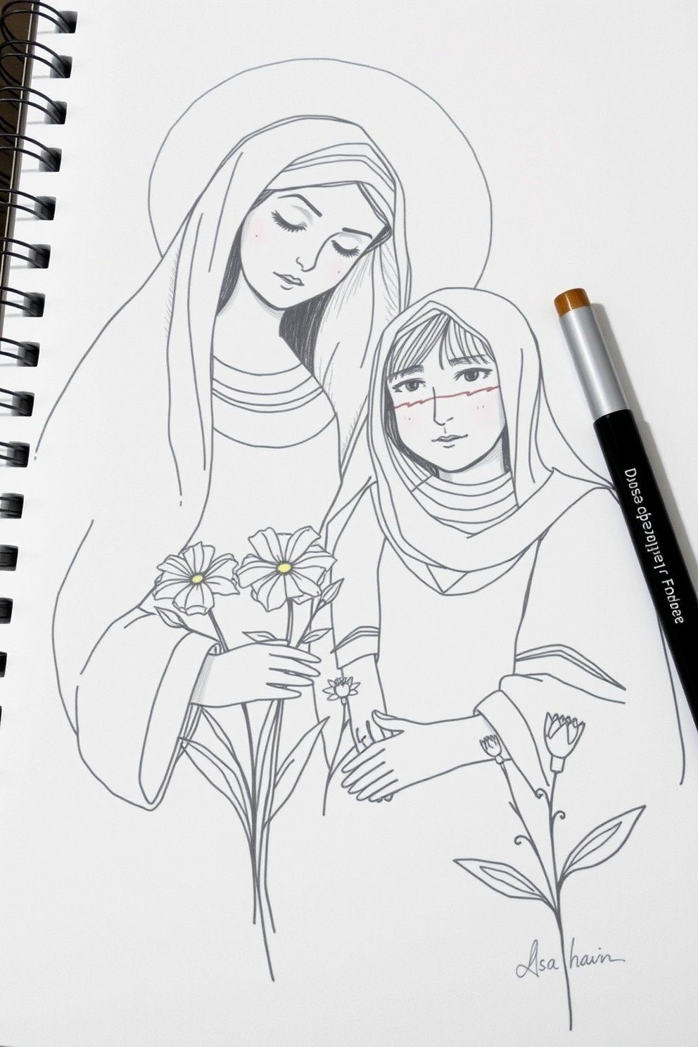 Mary and Martha Sketch Drawing with Flowers