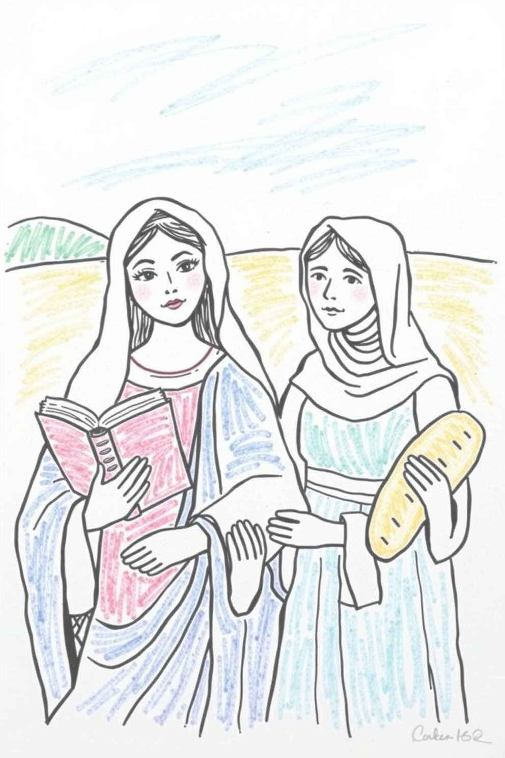 Mary with a Bible and Martha with Bread Drawing