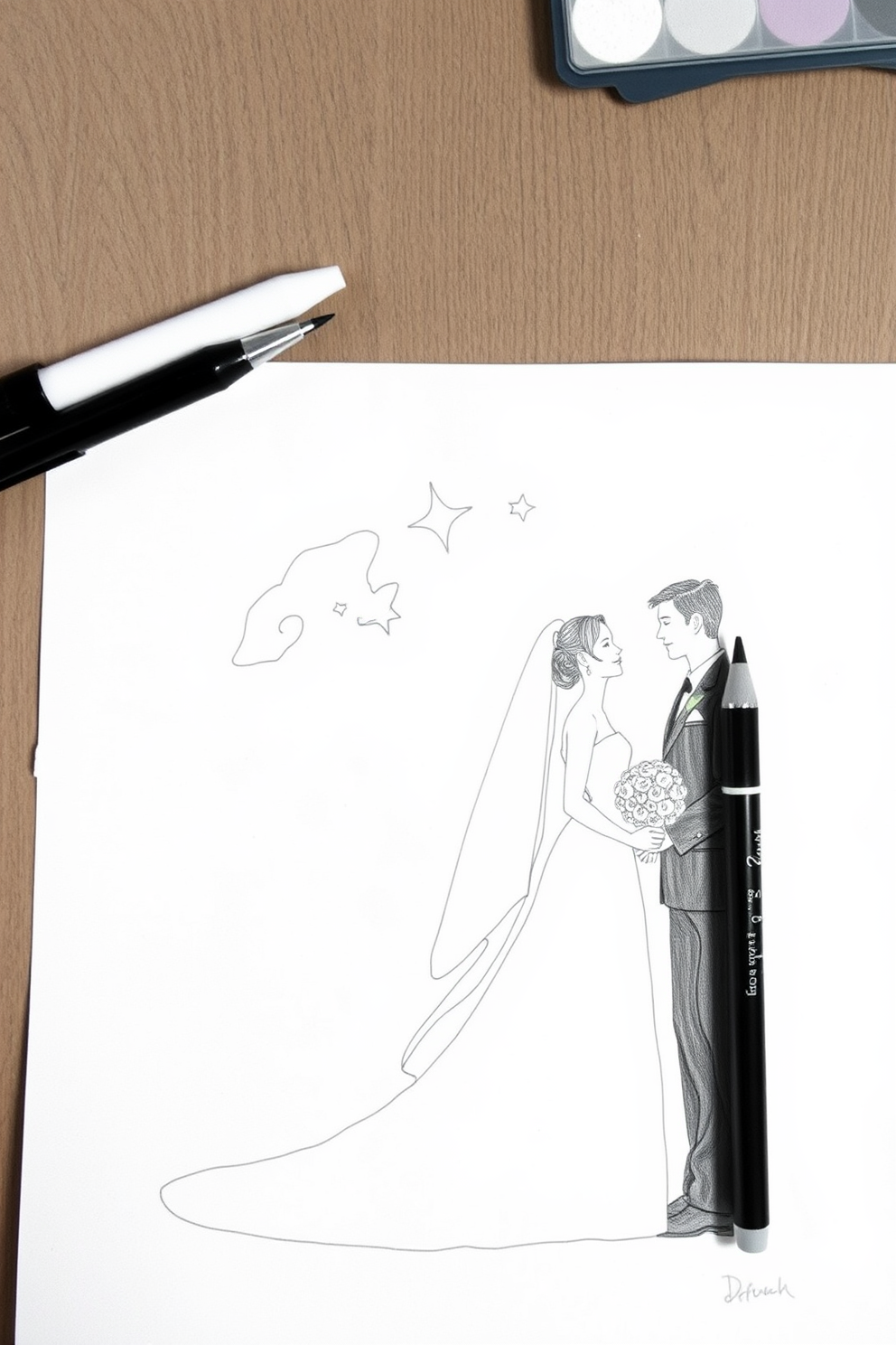Monoline Art of a Bride and Groom Drawing