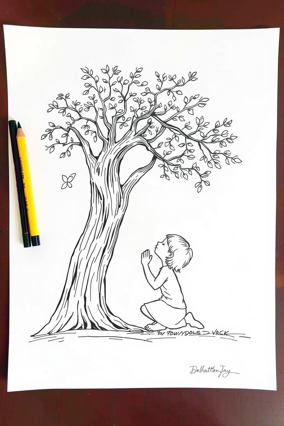 Monoline Child Praying Under a Tree Drawing