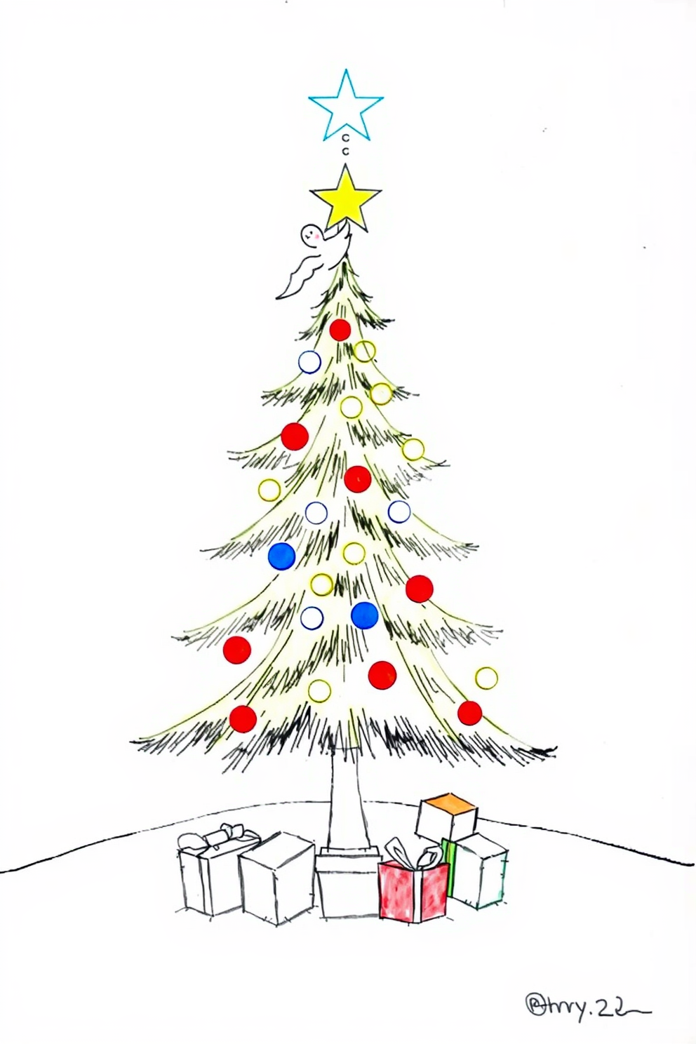 Monoline Christmas Tree Drawing with Angel