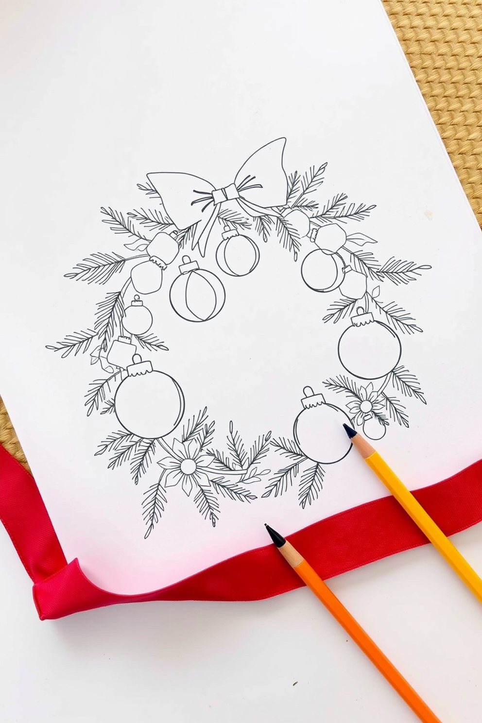 Monoline Christmas Wreath with Ornaments Drawing