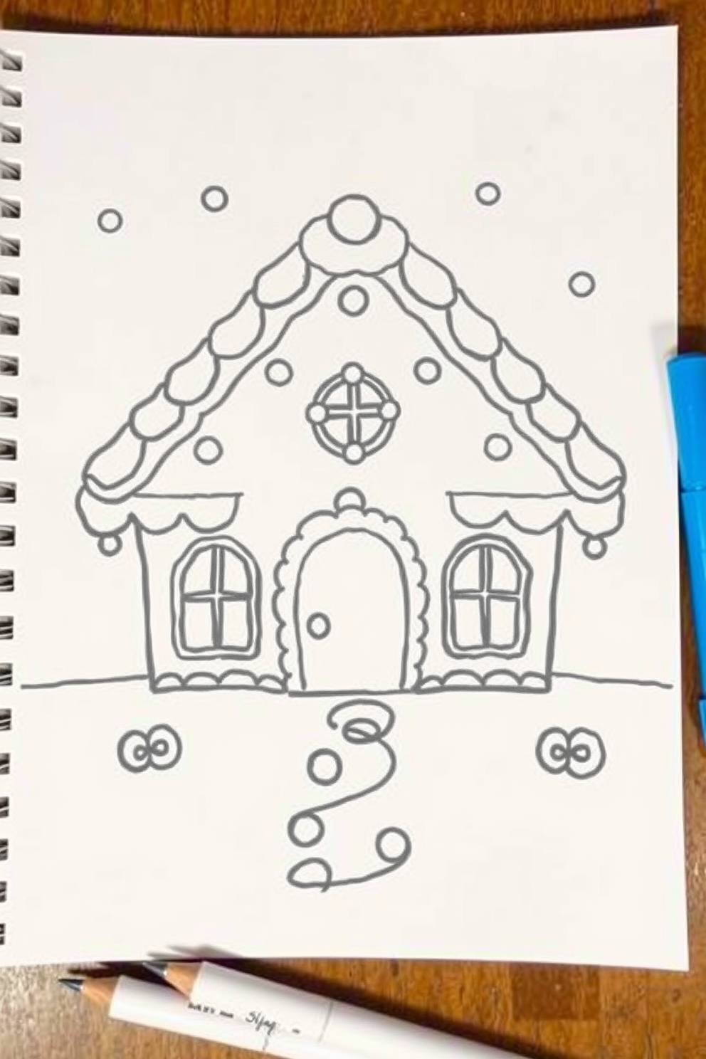 Monoline Gingerbread House Drawing