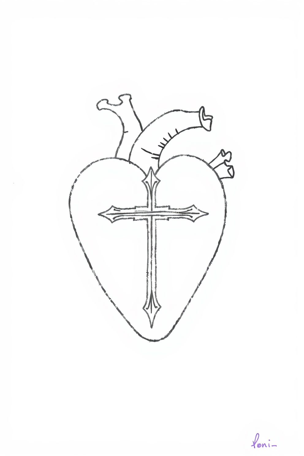 Monoline Heart with Cross Drawing