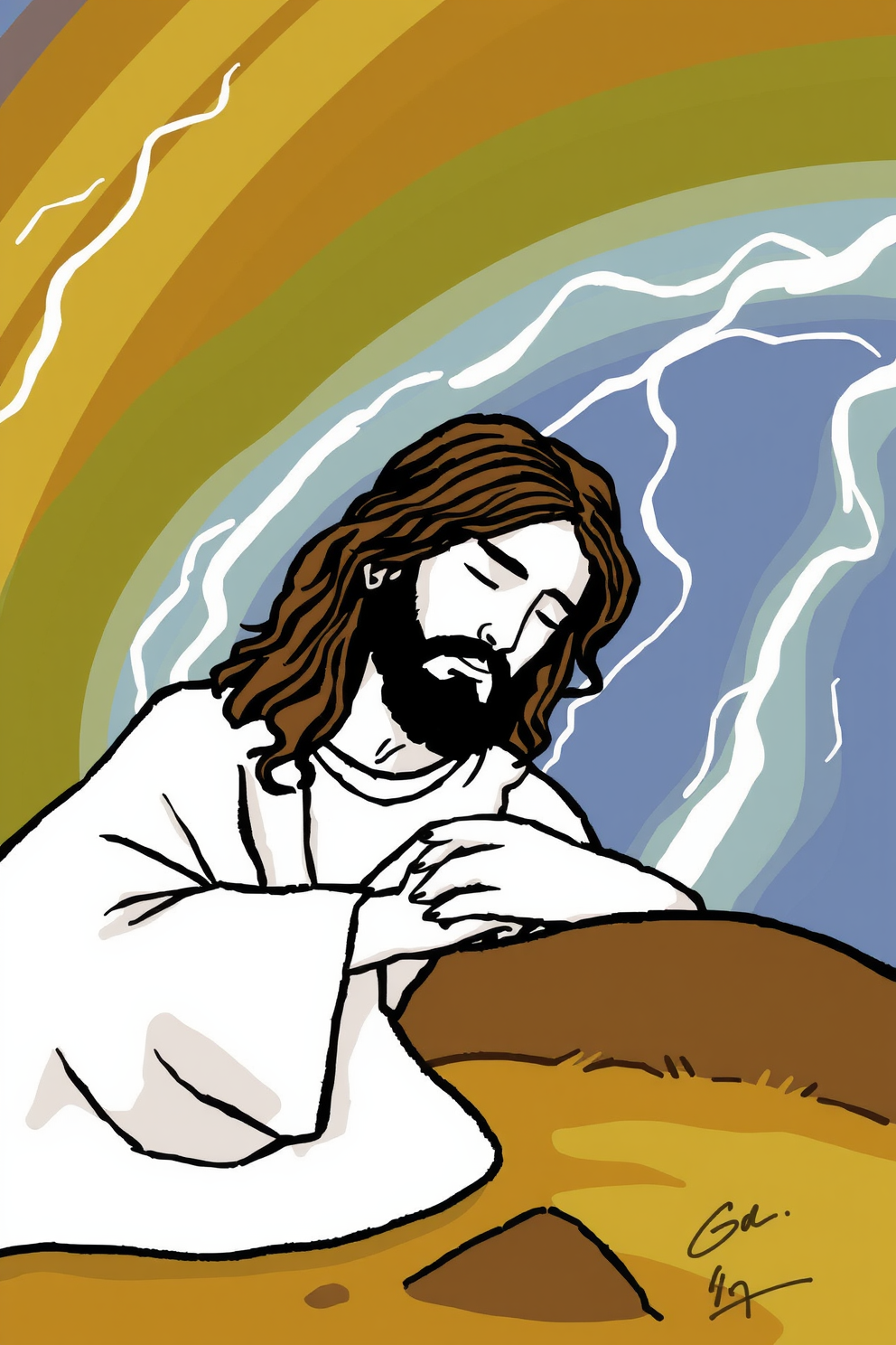 Monoline Jesus Calms the Storm Drawing
