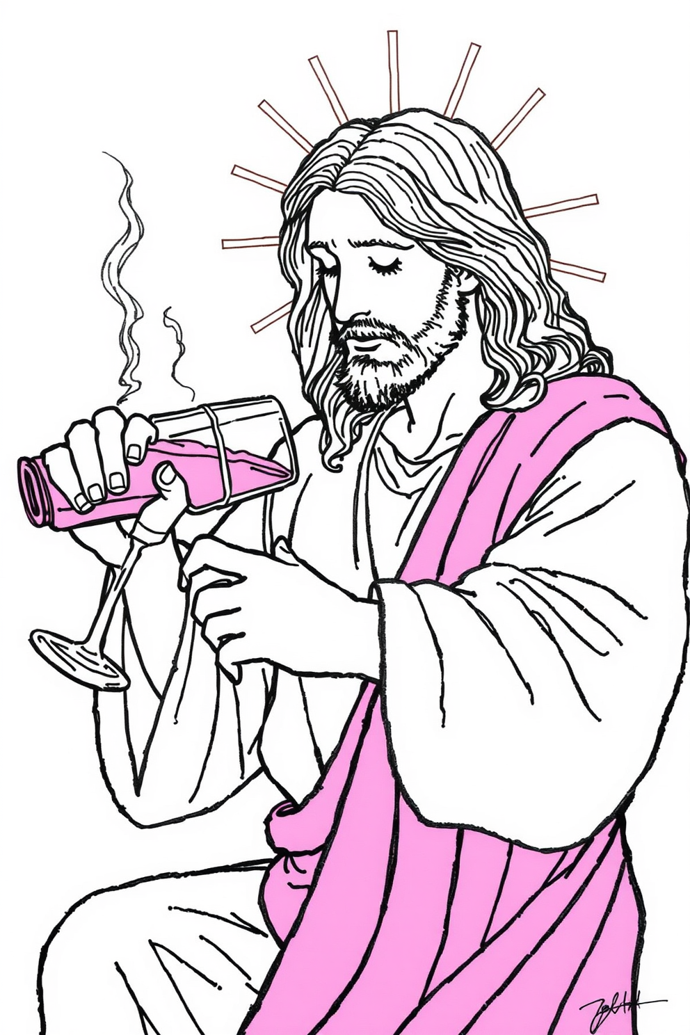Monoline Jesus Turns Water into Wine Drawing