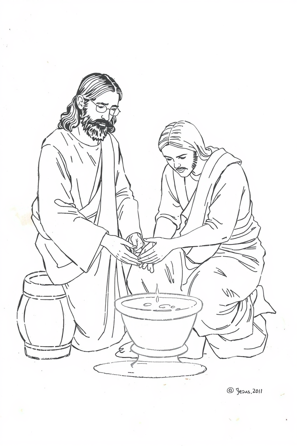 Monoline Jesus Washing Feet Drawing