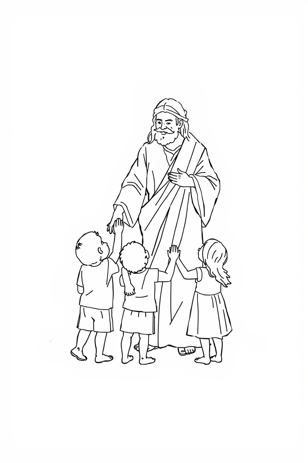 Monoline Jesus with Children Holding Hands Drawing