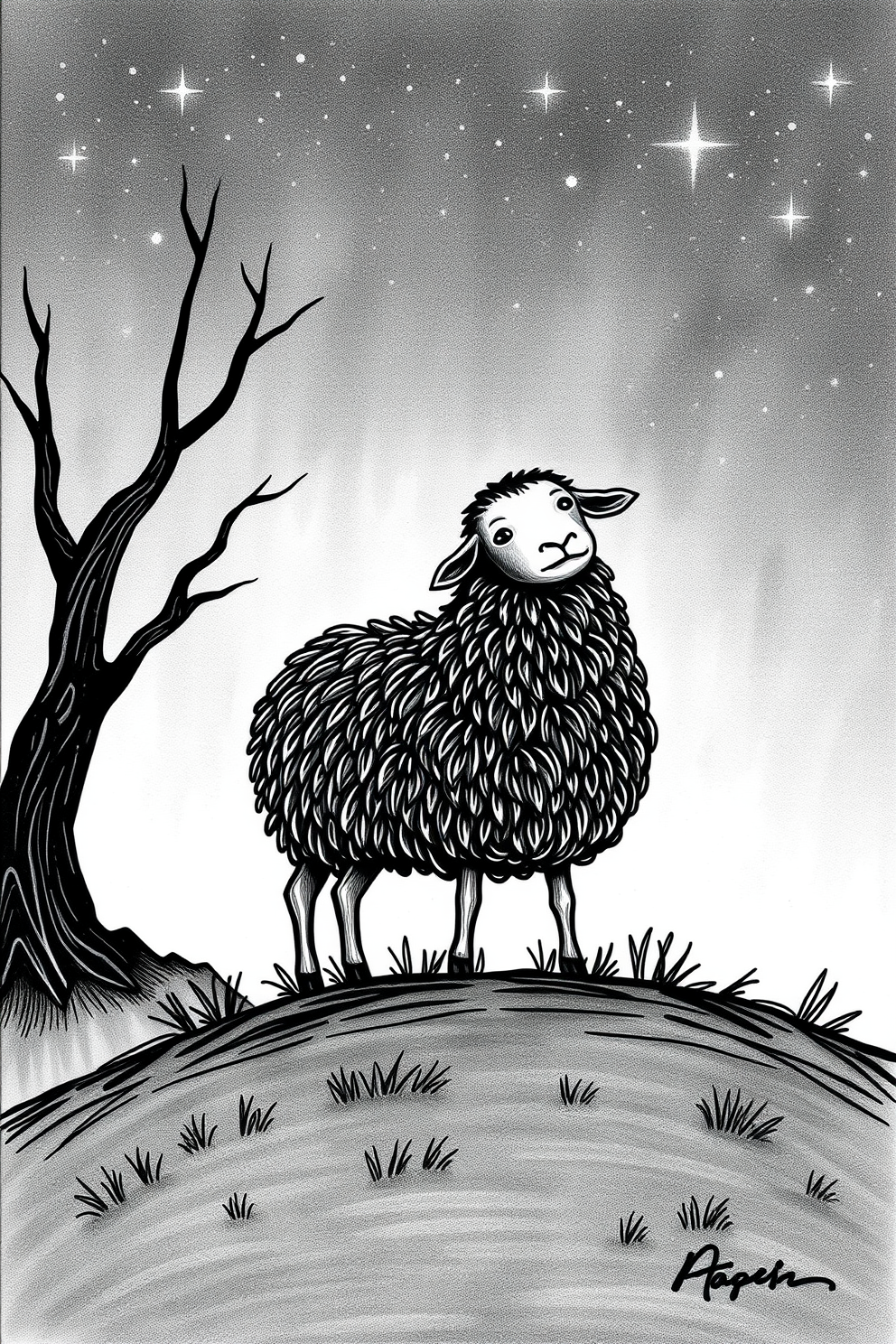 Monoline Lost Sheep with a Starry Sky Drawing