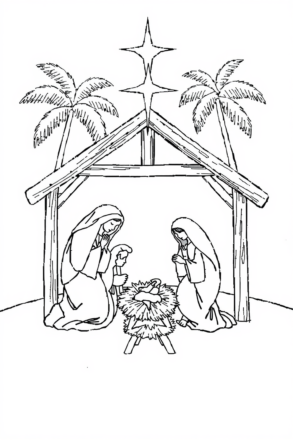 Monoline Nativity Scene with Stable Drawing