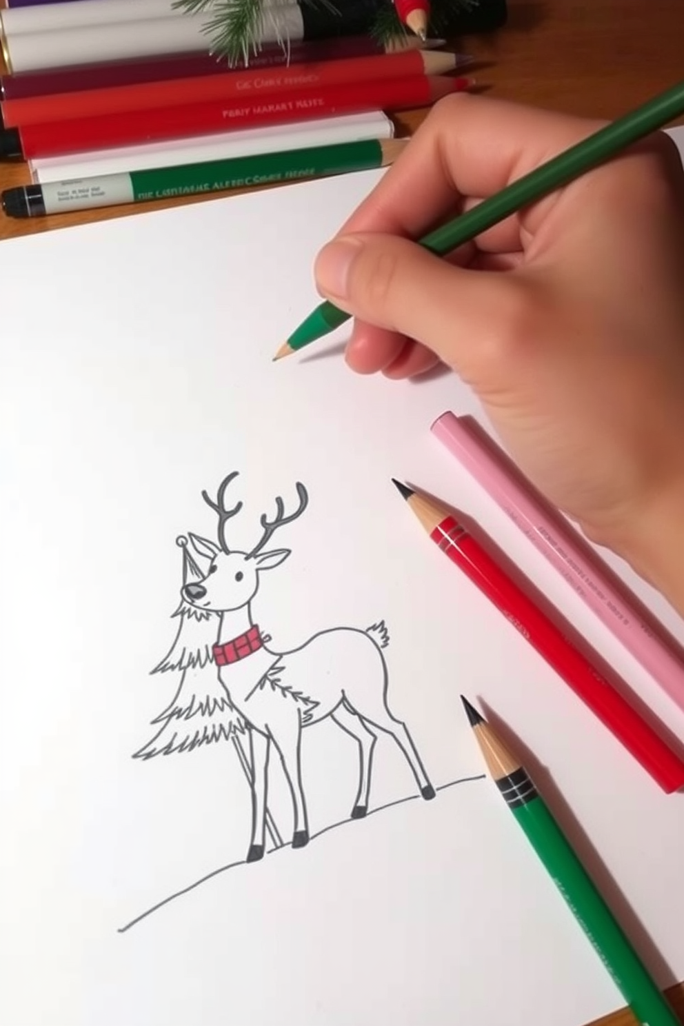 Monoline Reindeer Drawing with a Christmas Tree