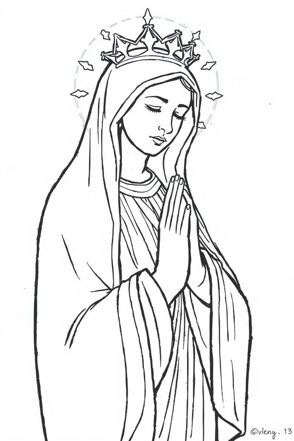 Monoline Virgin Mary in prayer drawing