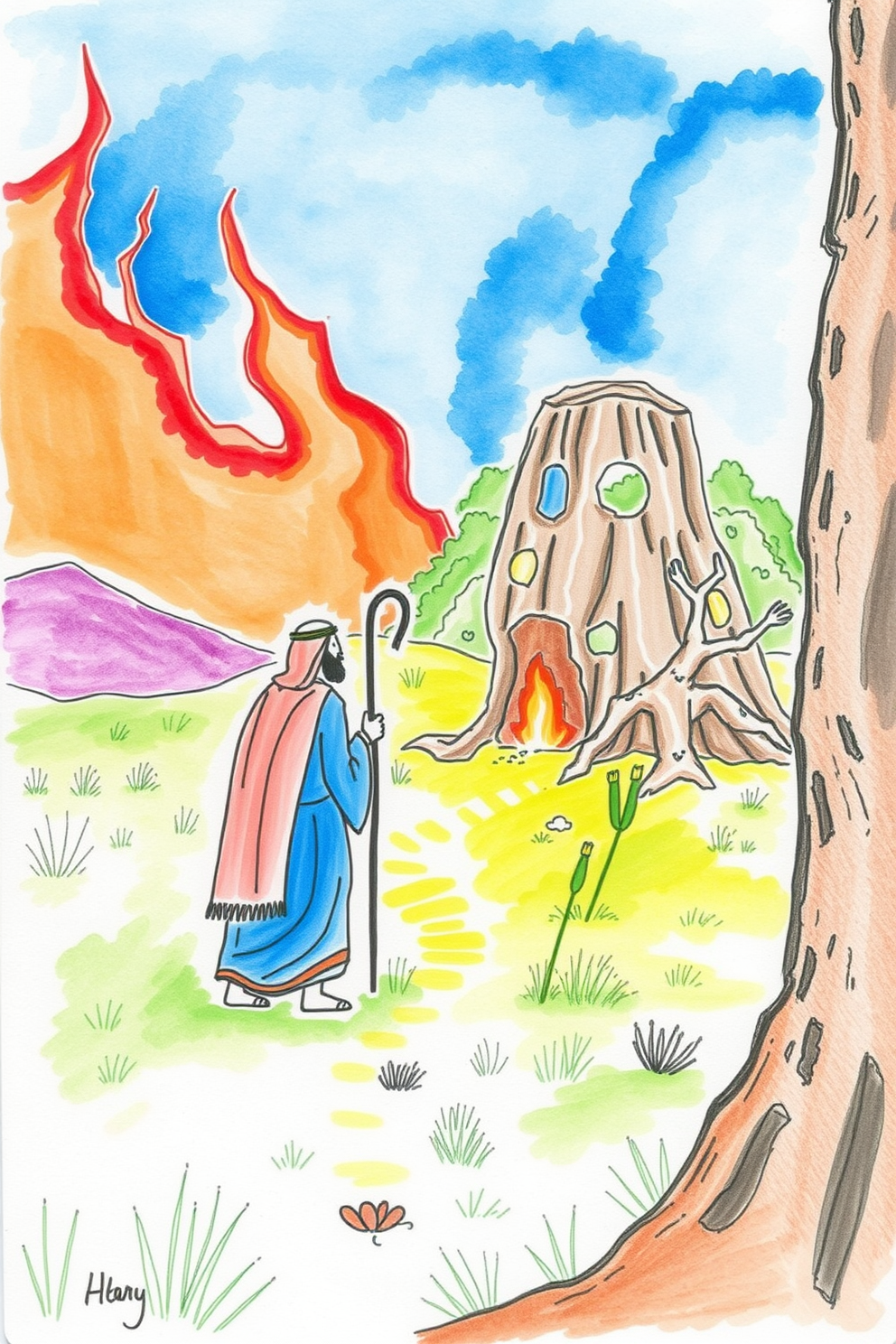 Moses and the Burning Bush Drawing - Colorful Watercolor Scene