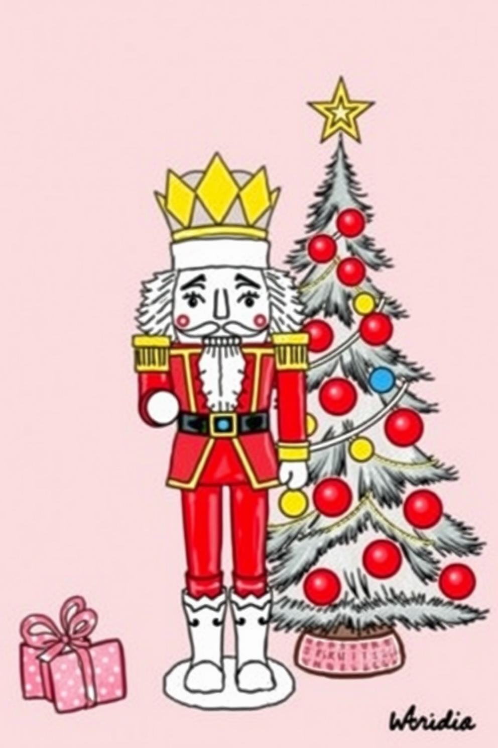 Nutcracker with Joyful Christmas Tree Drawing