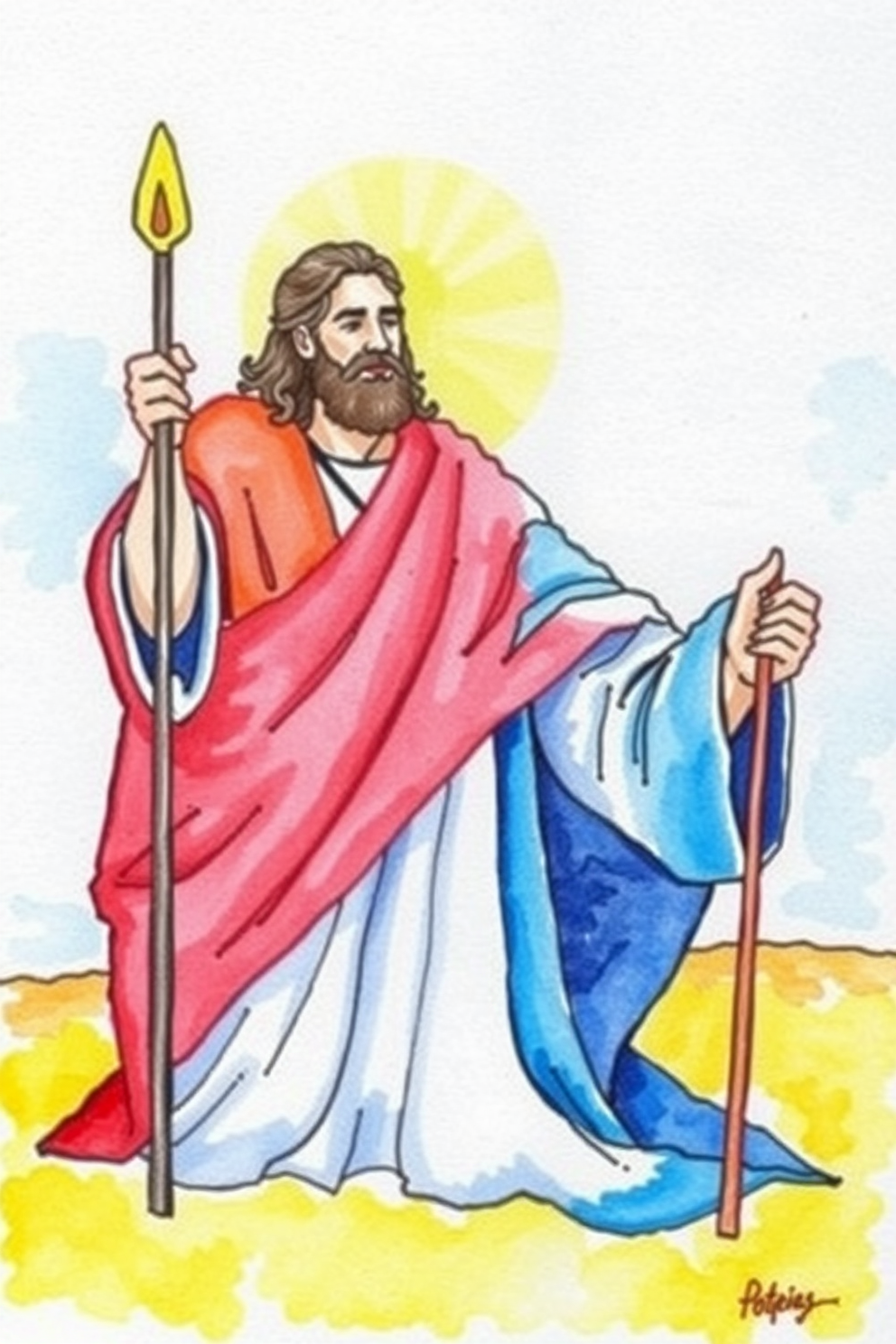 Peter Denies Jesus Colorful Watercolor Drawing