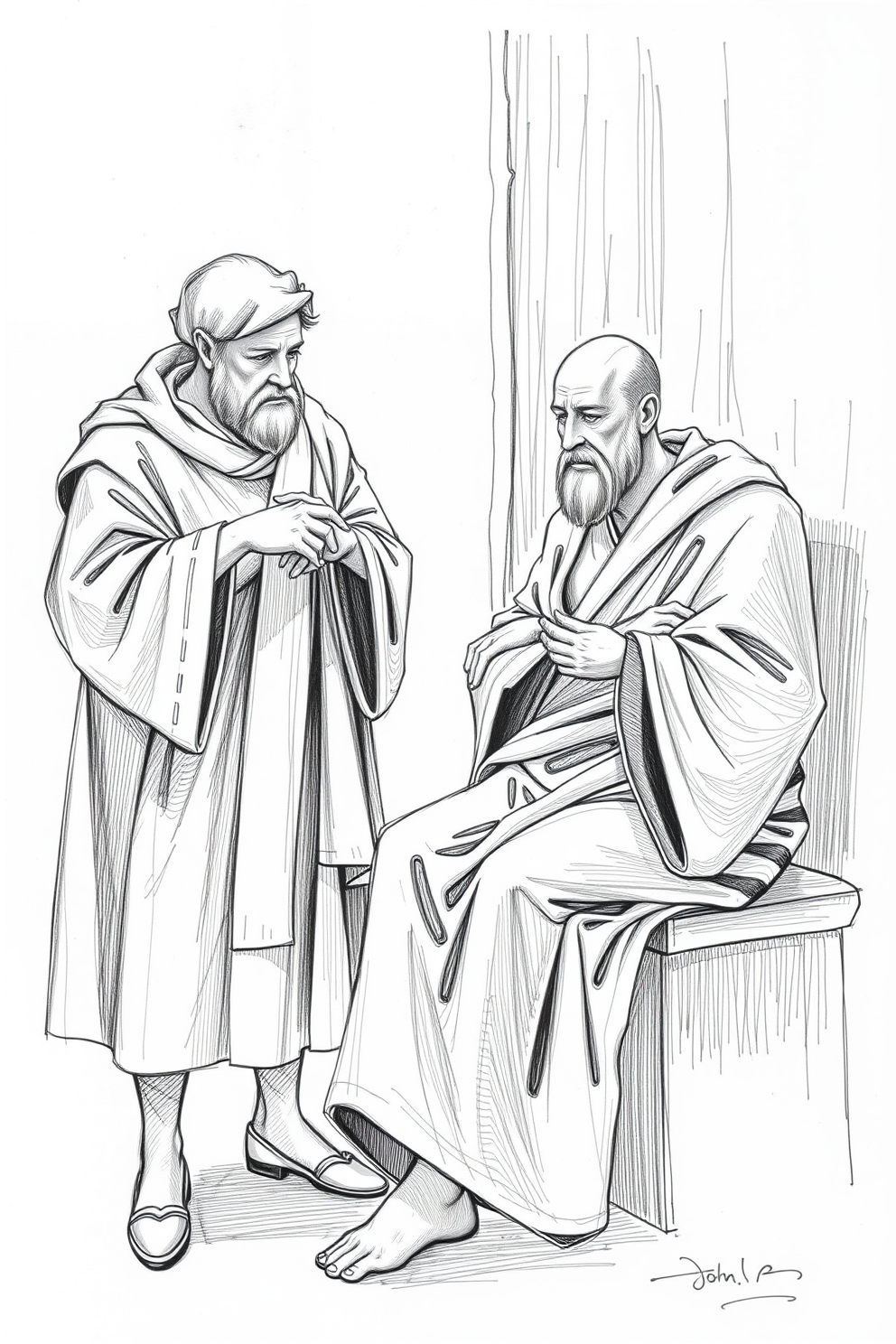 Peter and John Heal a Lame Man Black and White Sketch Drawing