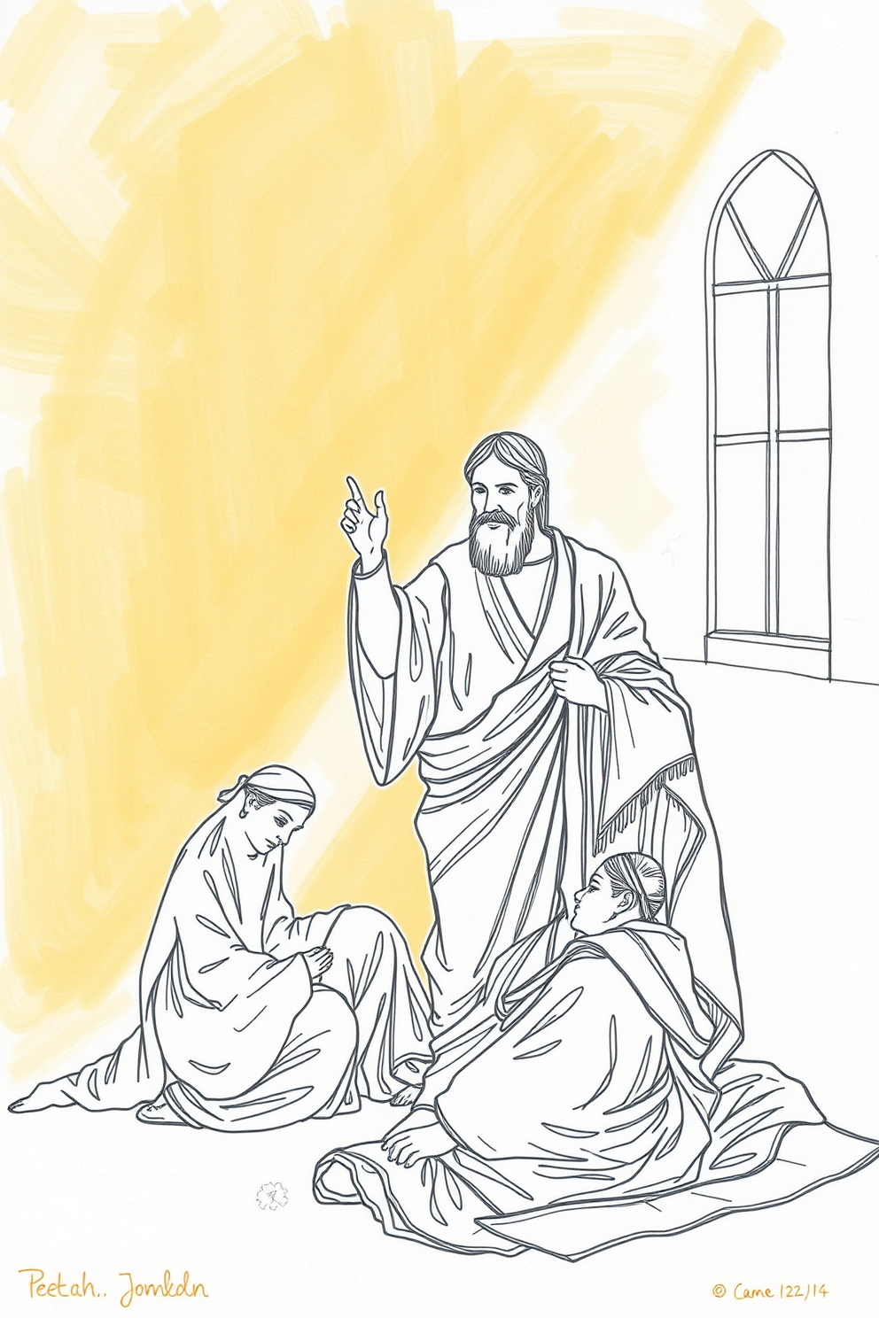 Peter and John Heal a Lame Man Line Drawing with Light Rays