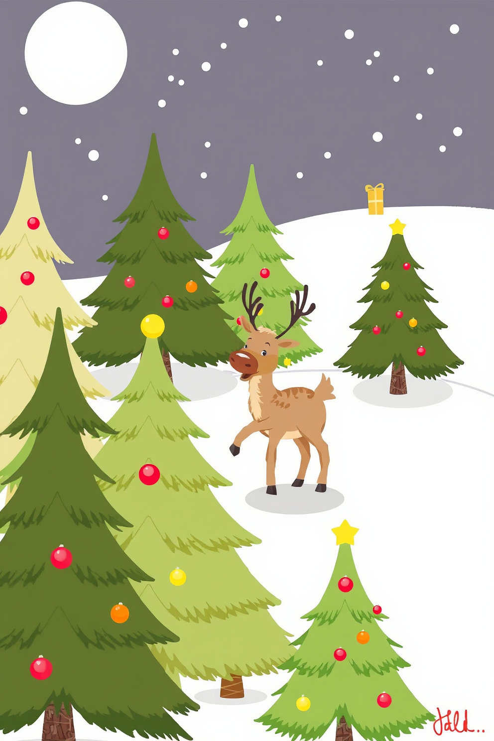 Playful Reindeer Among Christmas Trees Drawing