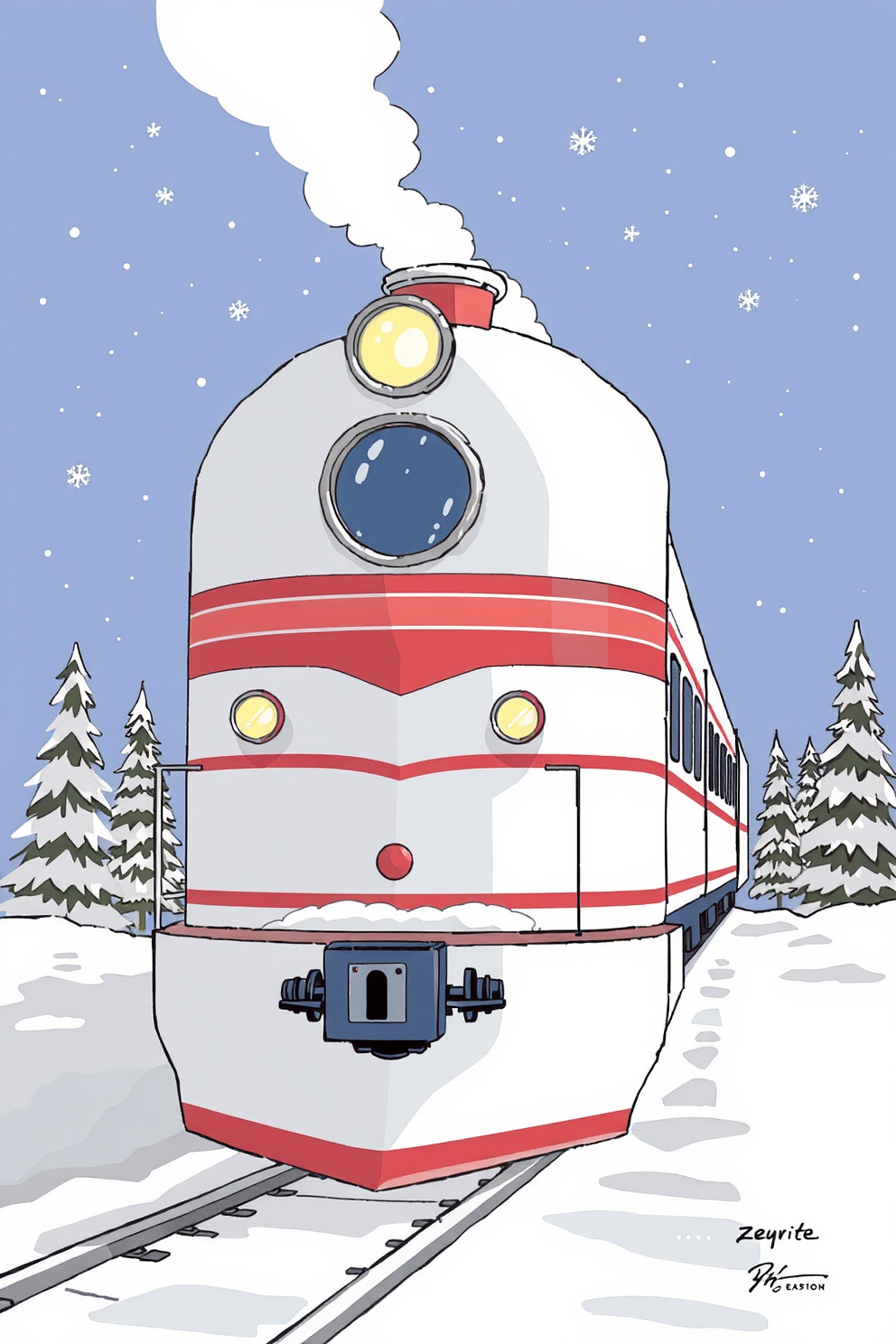 Polar Express Train in a Monoline Style Drawing