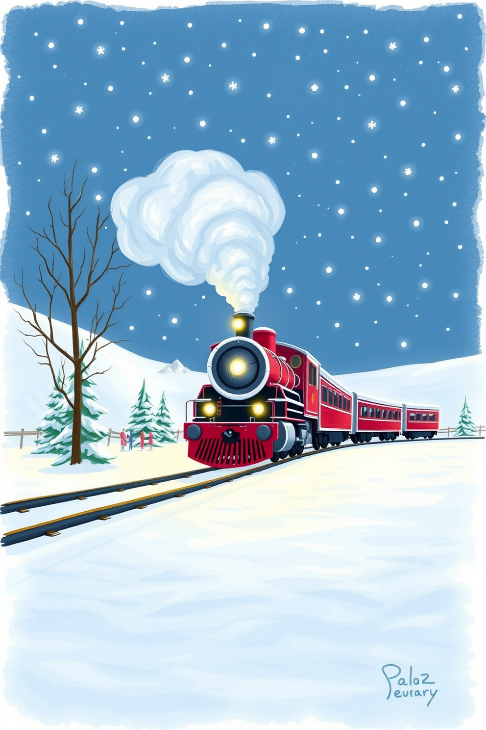 Polar Express Train in a Winter Scene Drawing