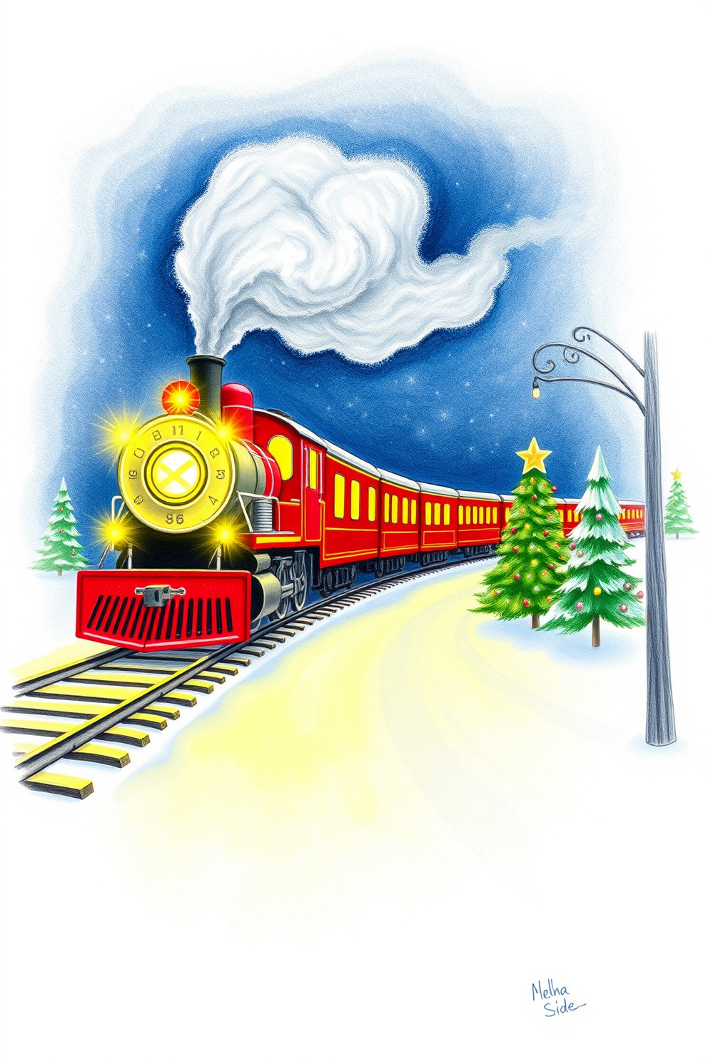 Polar Express Train with Christmas Lights Drawing