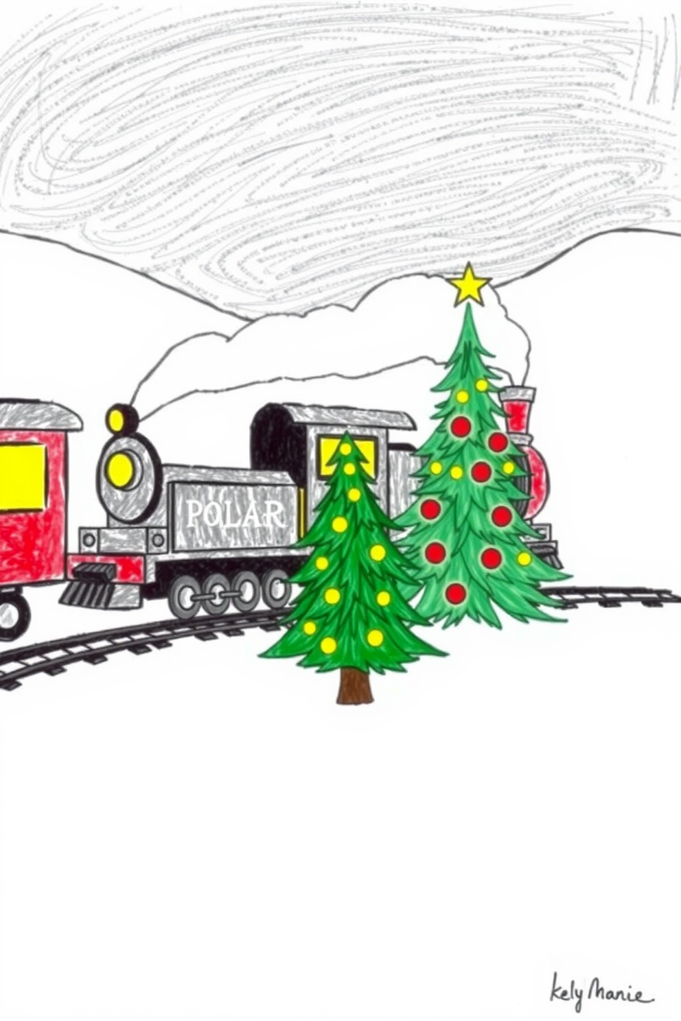 Polar Express Train with a Christmas Tree Drawing
