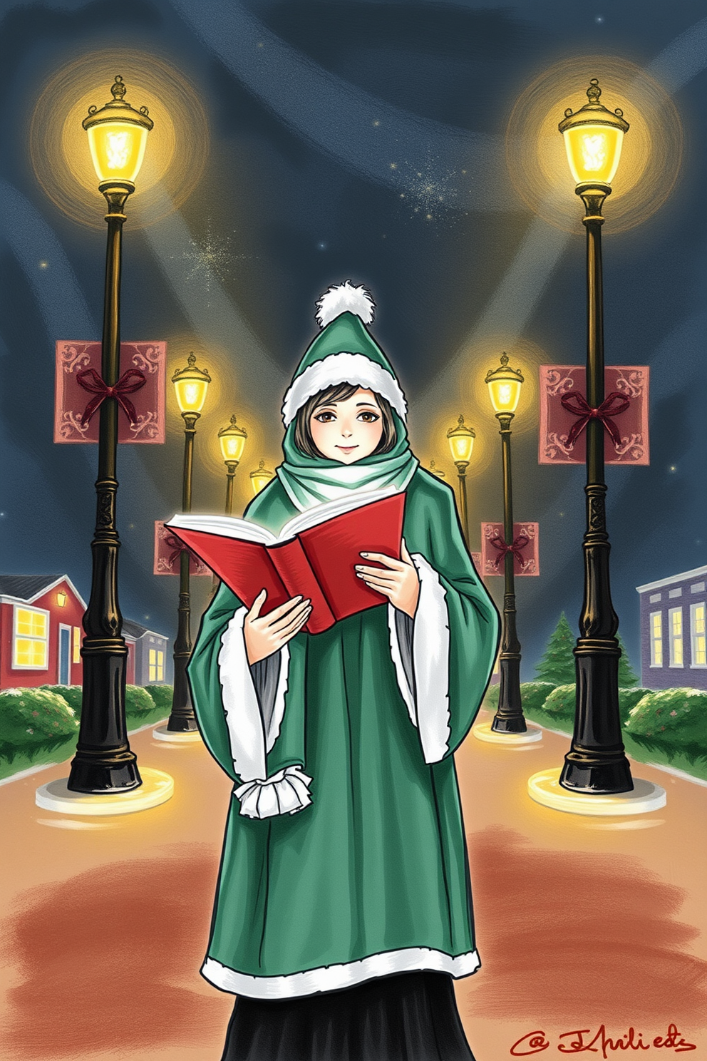Realistic Caroler Under Streetlights Drawing
