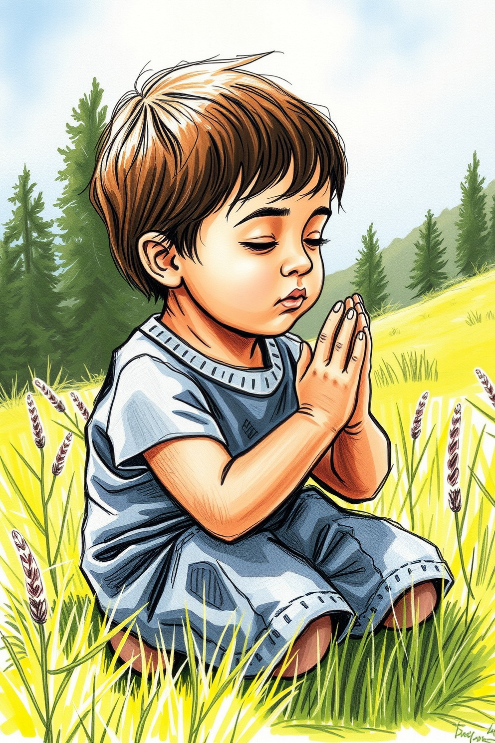 Realistic Child Praying in Nature Drawing