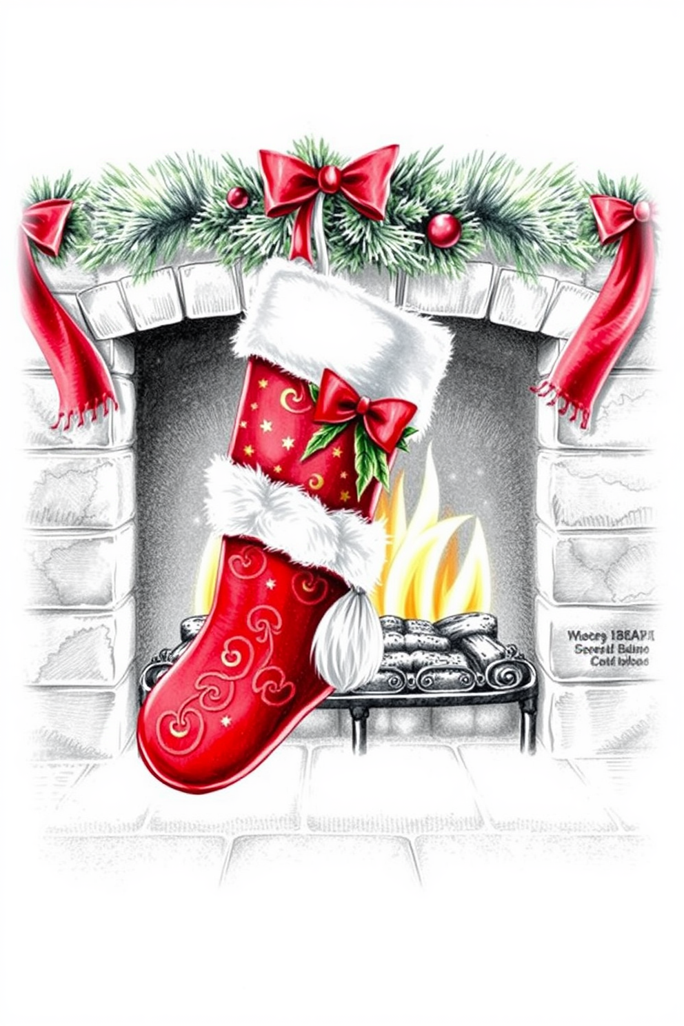 Realistic Christmas Stocking Hanging by the Fireplace Drawing