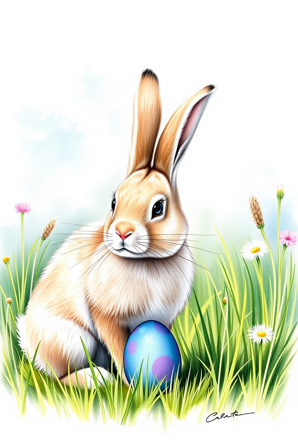 Realistic Easter Bunny in a Meadow Drawing