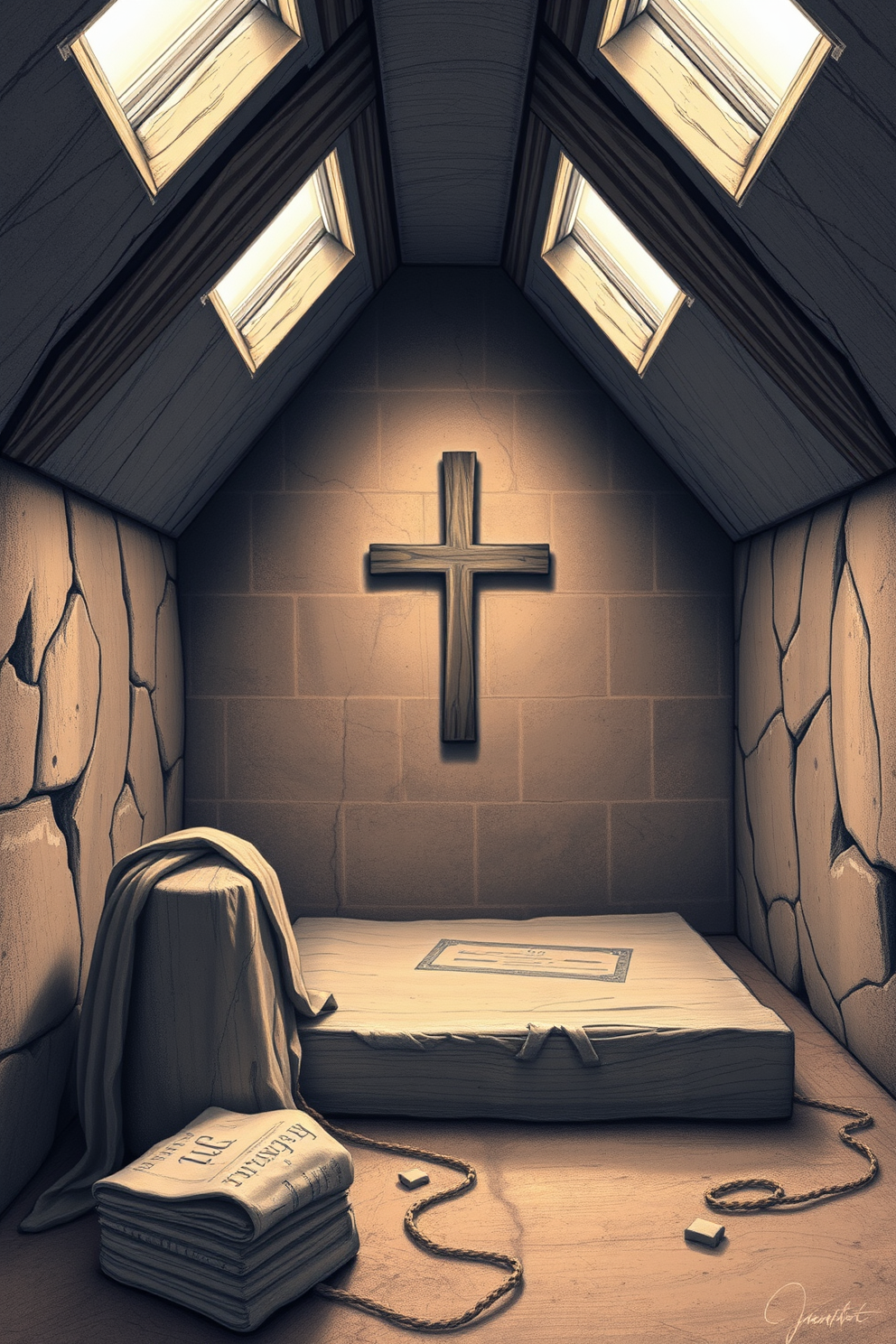 Realistic Empty Tomb with Cross Drawing