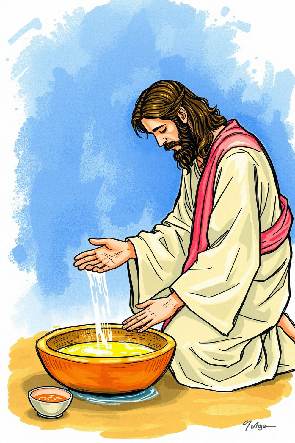 Realistic Jesus Washing Feet Drawing