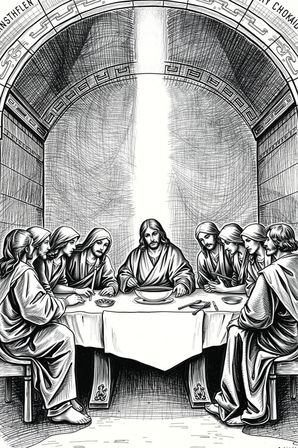 Realistic Jesus at the Last Supper drawing