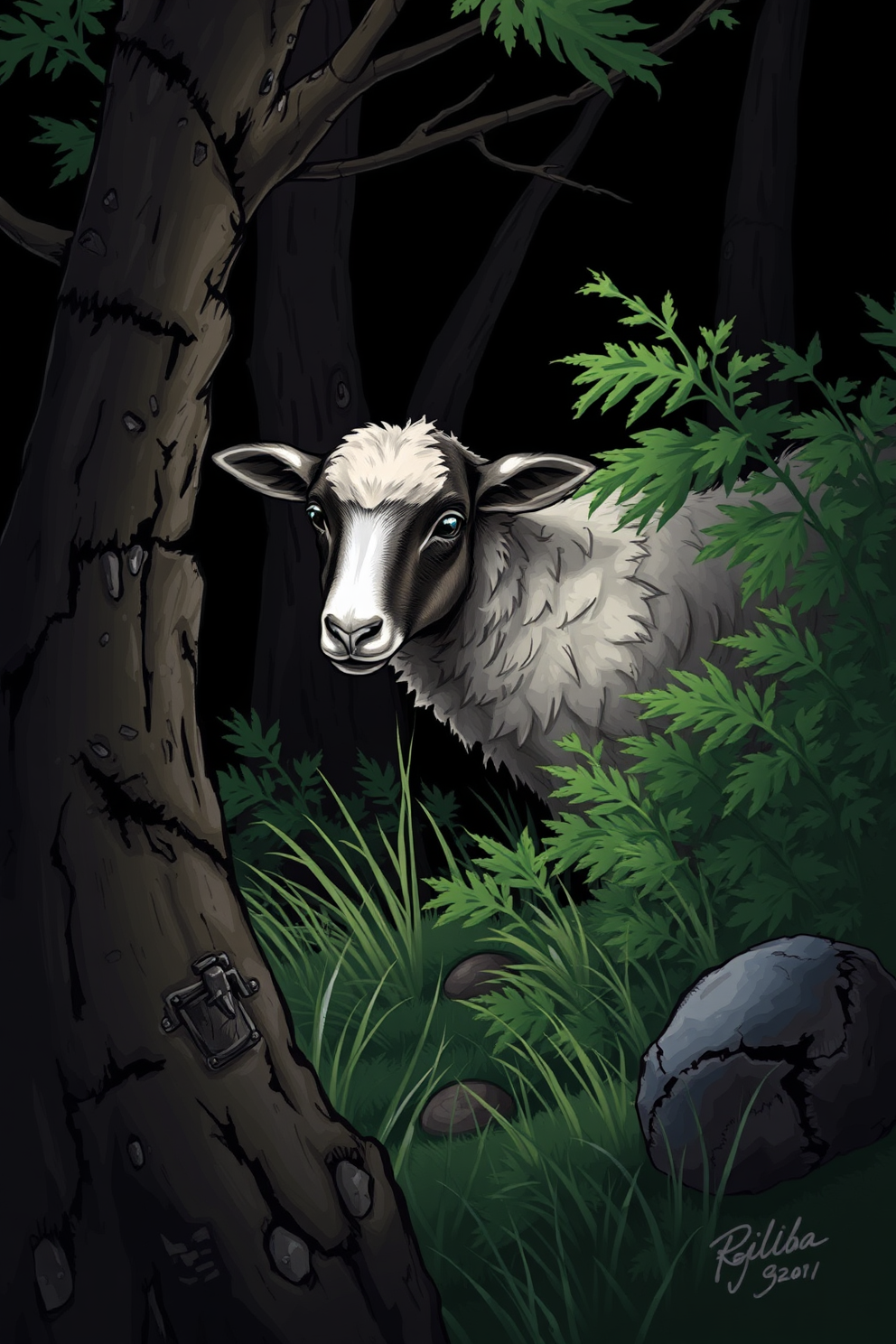 Realistic Lost Sheep Hiding in the Bushes Drawing