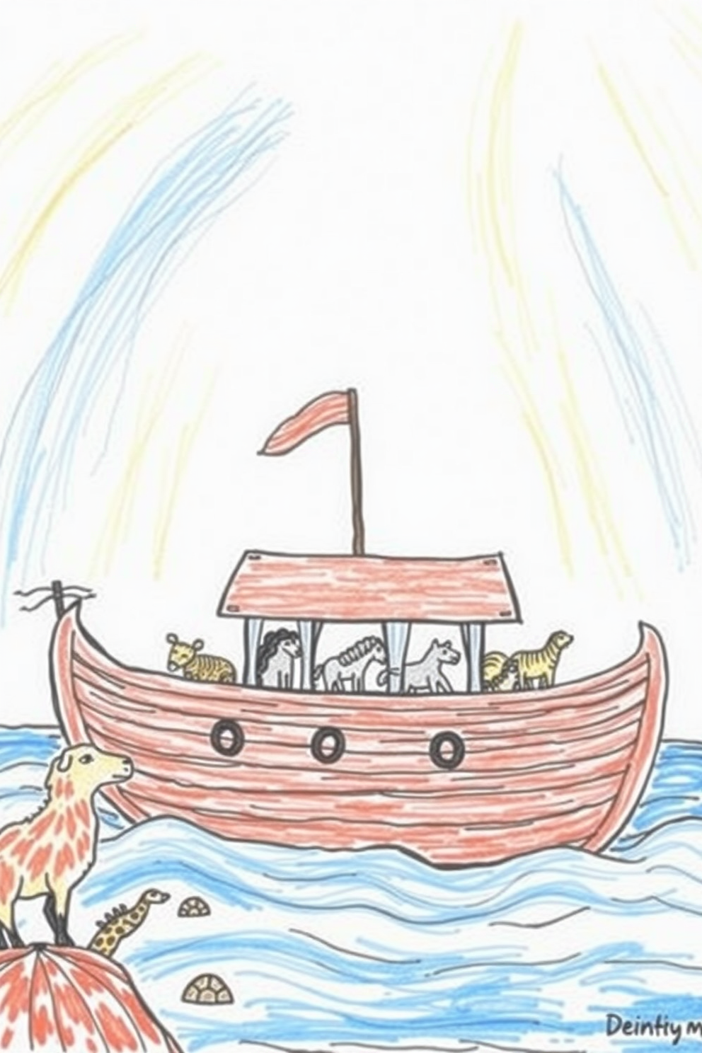 Realistic Noah's Ark with Animals Inside Drawing