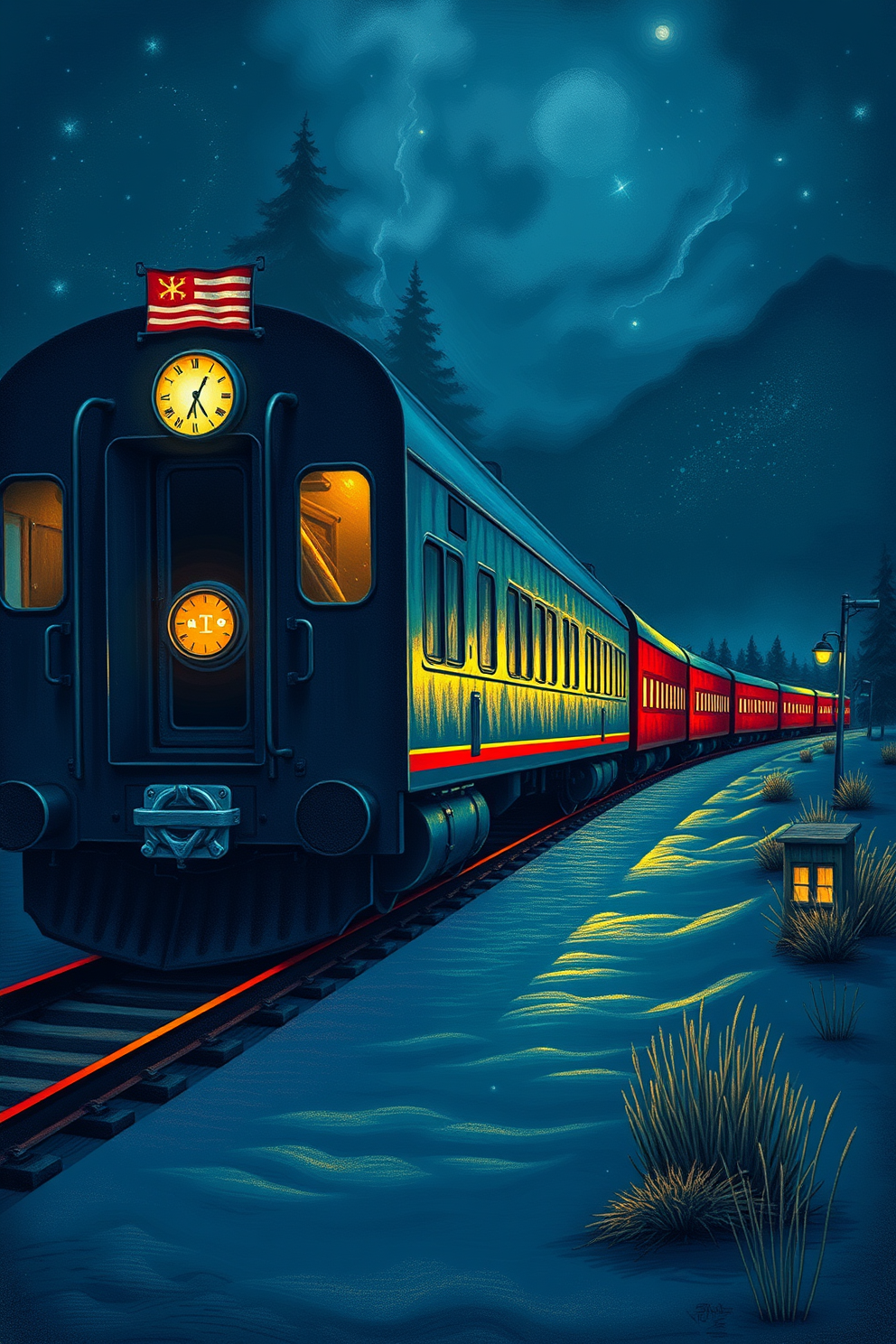 Realistic Polar Express Train Drawing at Night