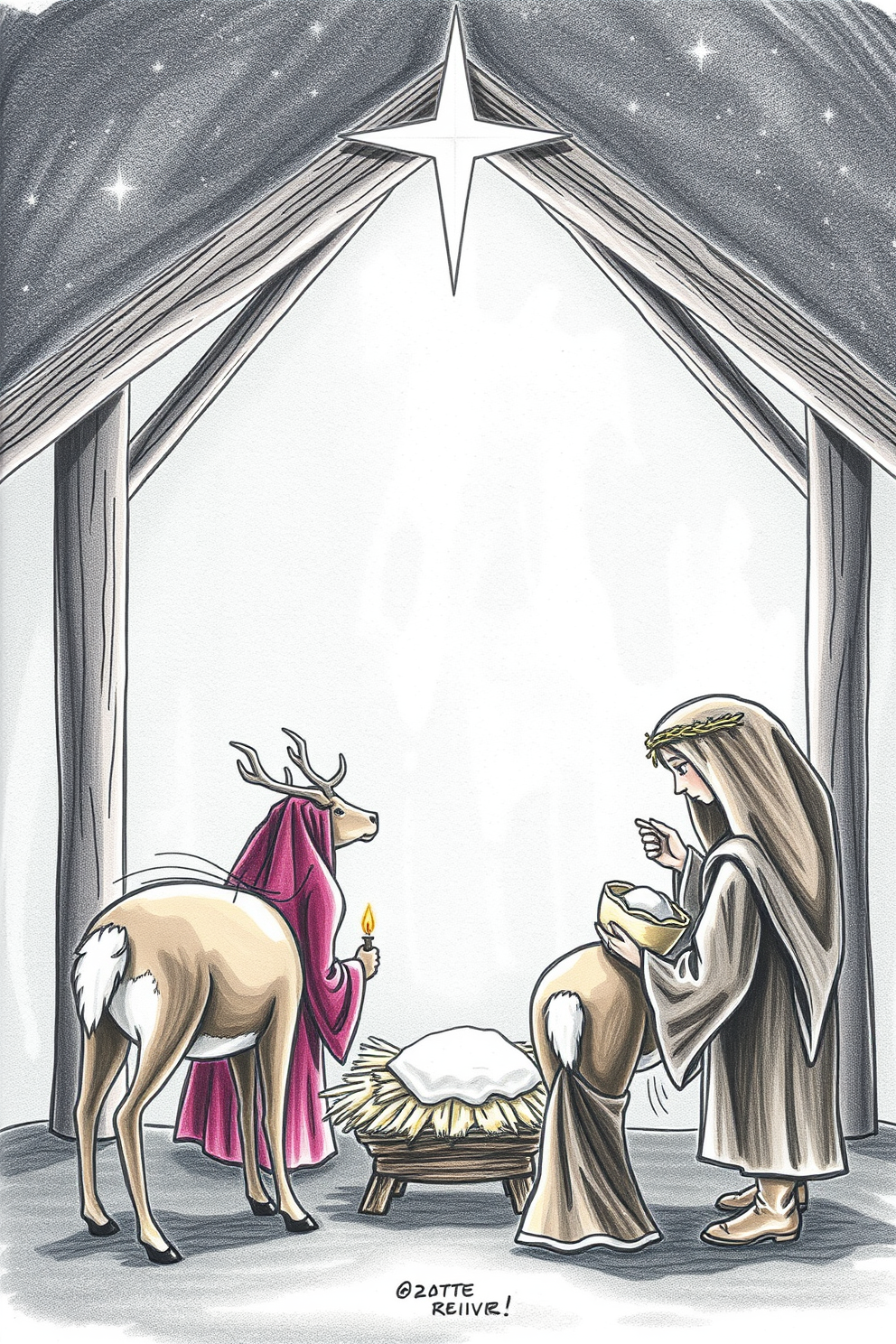 Realistic Reindeer in a Nativity Scene Drawing