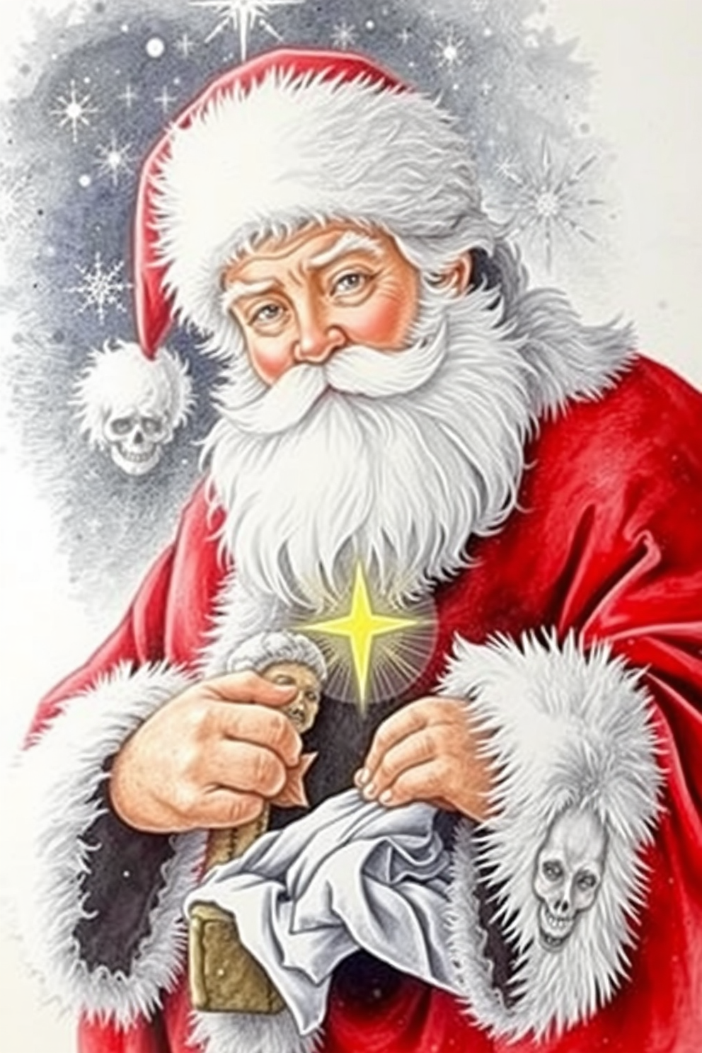Realistic Santa Claus with a Nativity Scene Drawing