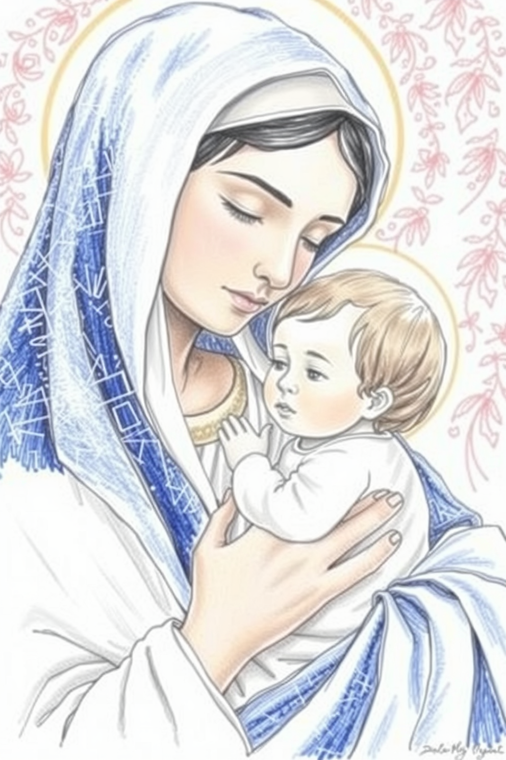 Realistic Virgin Mary with child drawing