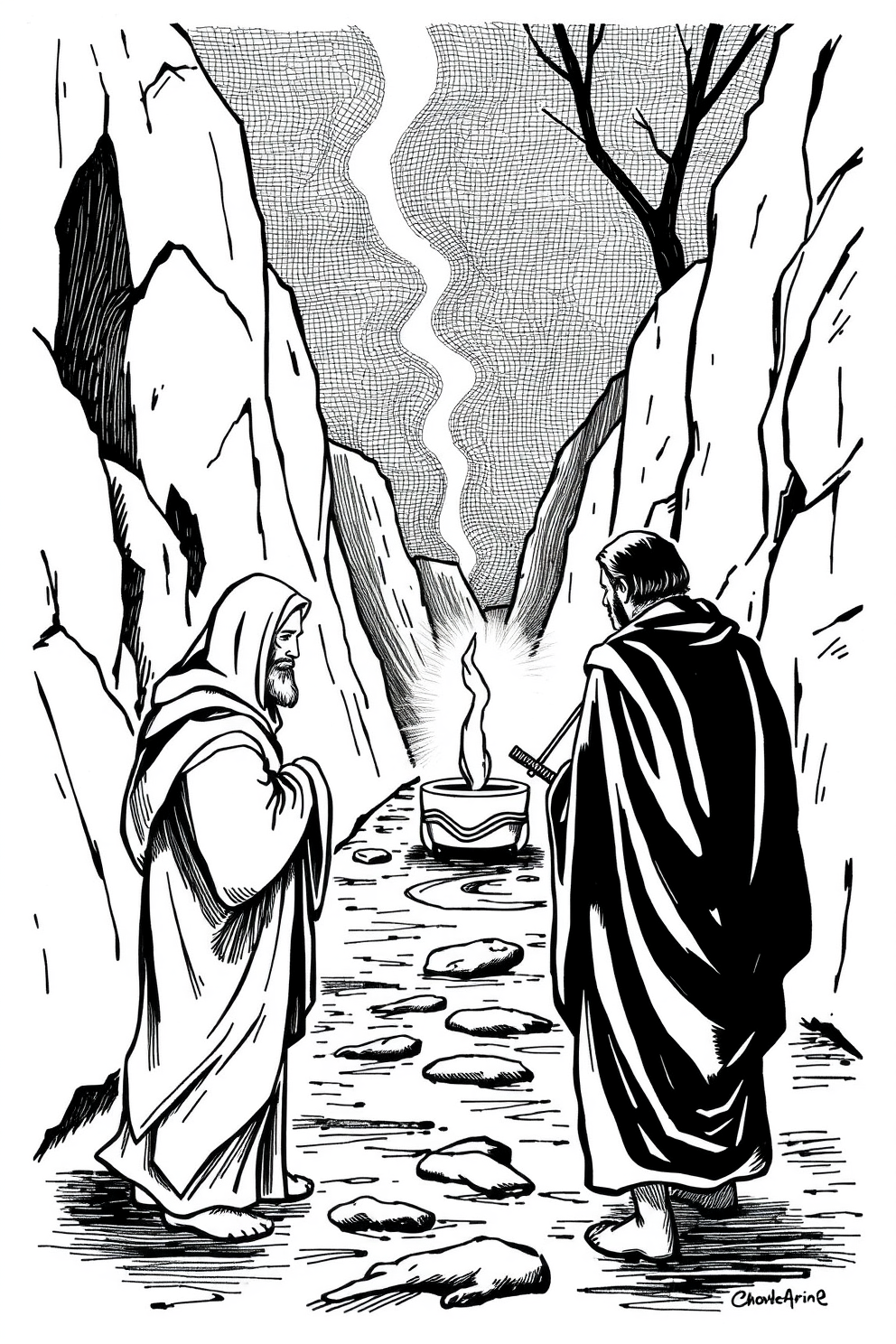 Road to Emmaus Black and White Sketch Drawing