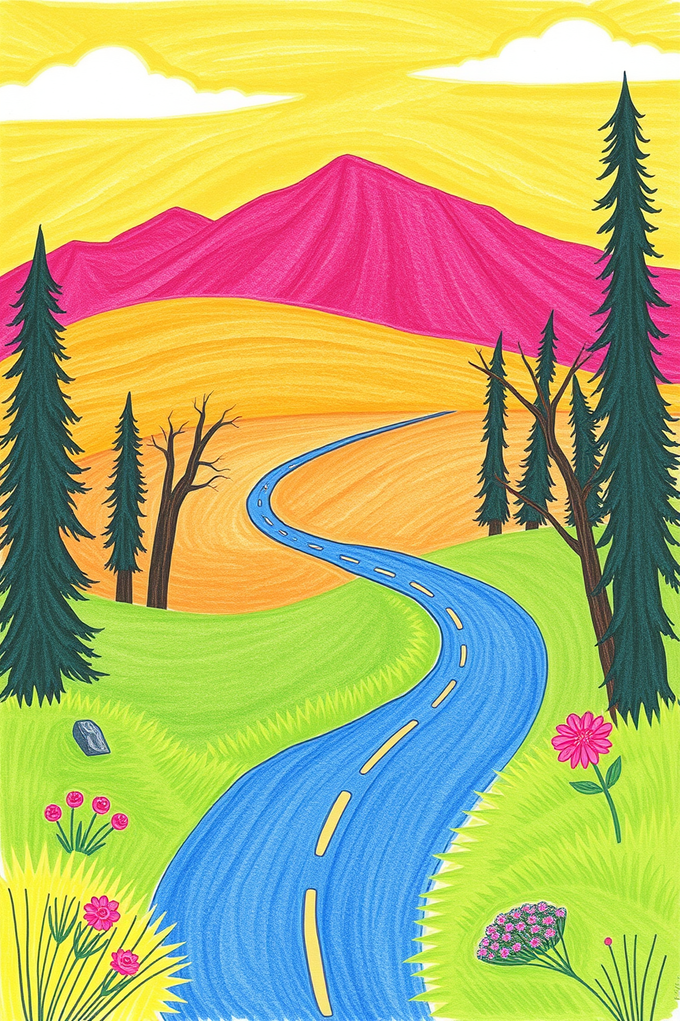 Road to Emmaus Colorful Landscape Drawing