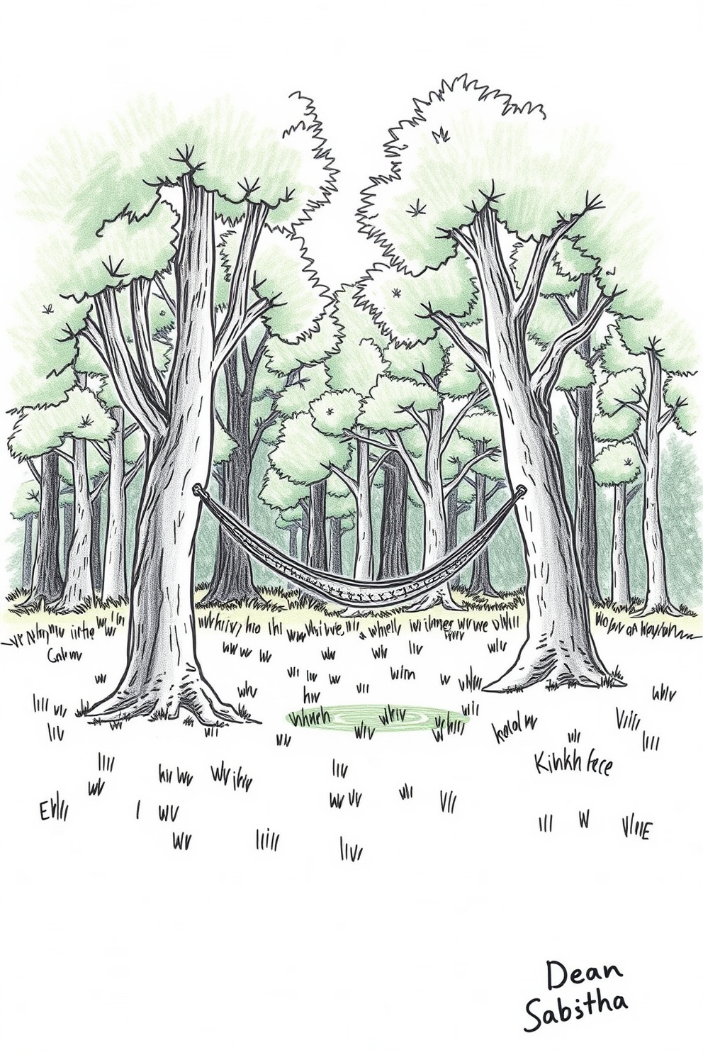 Sabbath drawing - peaceful landscape with a hammock between trees