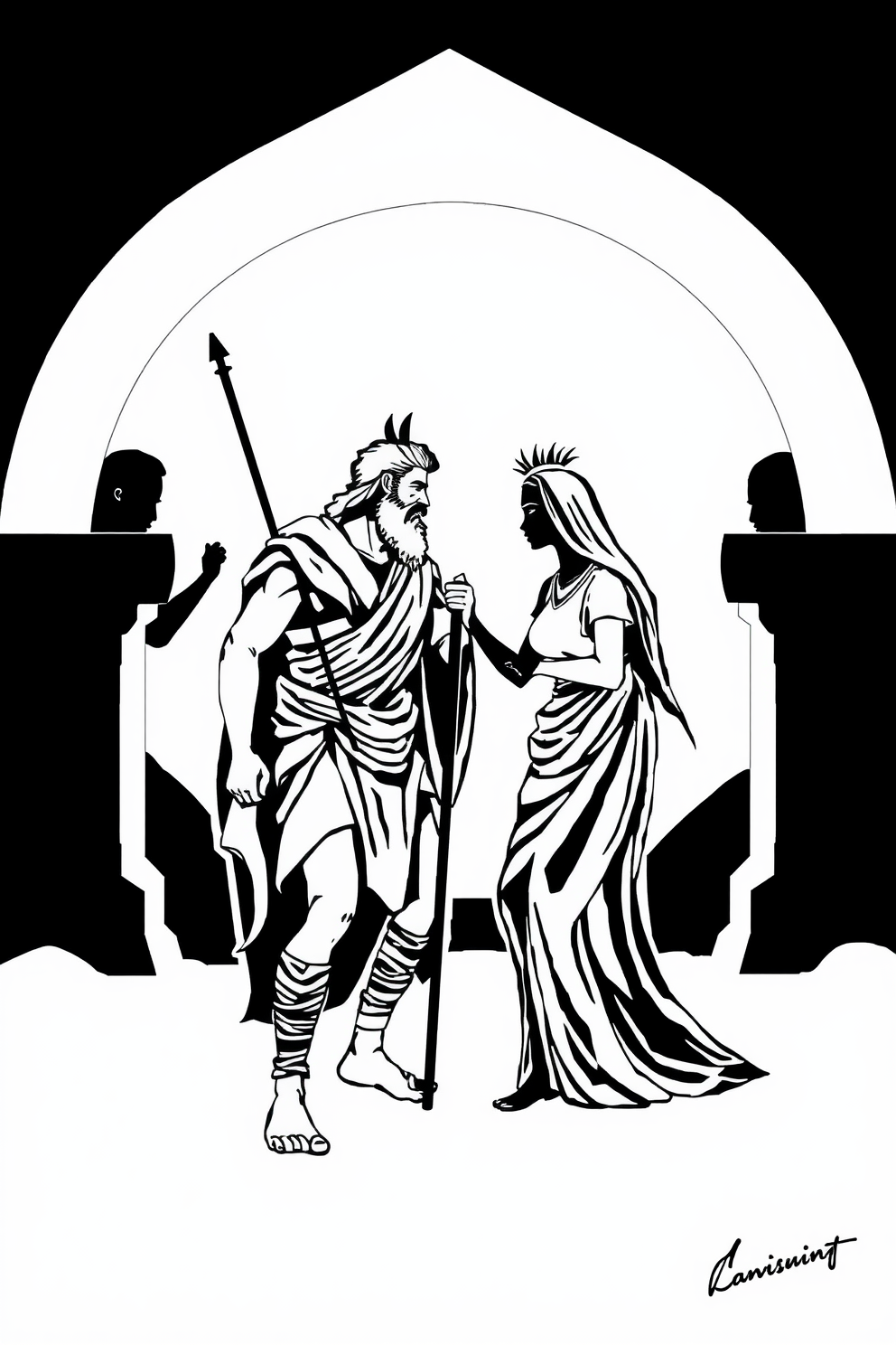 Samson and Delilah Black and White Silhouette Drawing