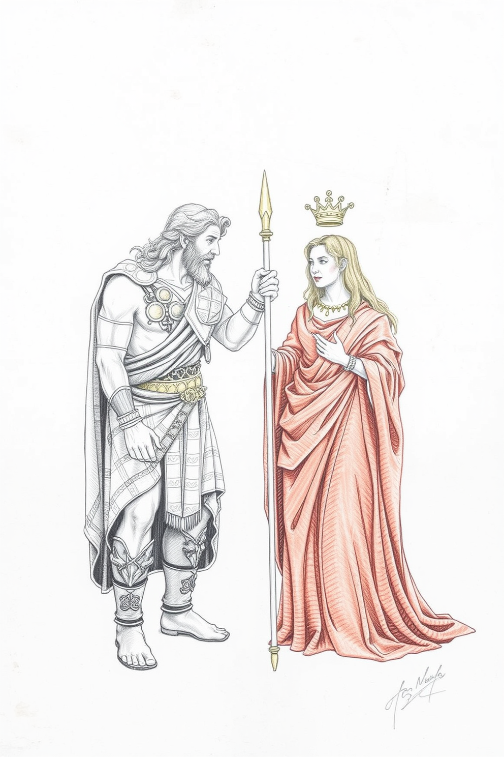 Samson and Delilah Color Pencil Illustration