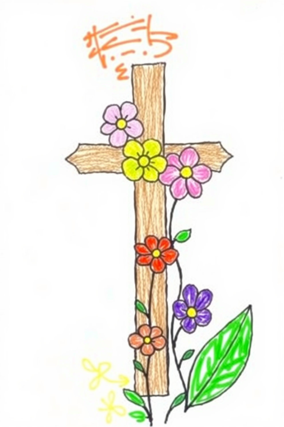 Simple Cross with Flowers Drawing