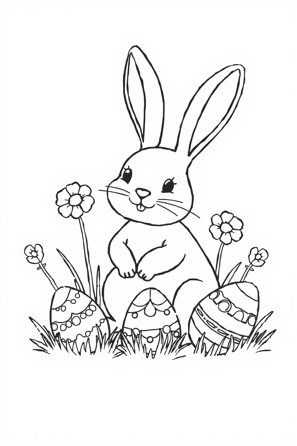 Simple Line Drawing of Easter Bunny and Eggs