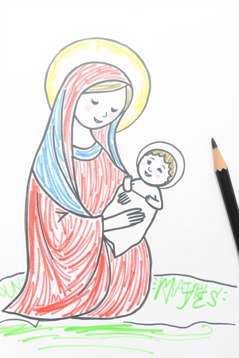 Simple Mary and Baby Jesus Drawing