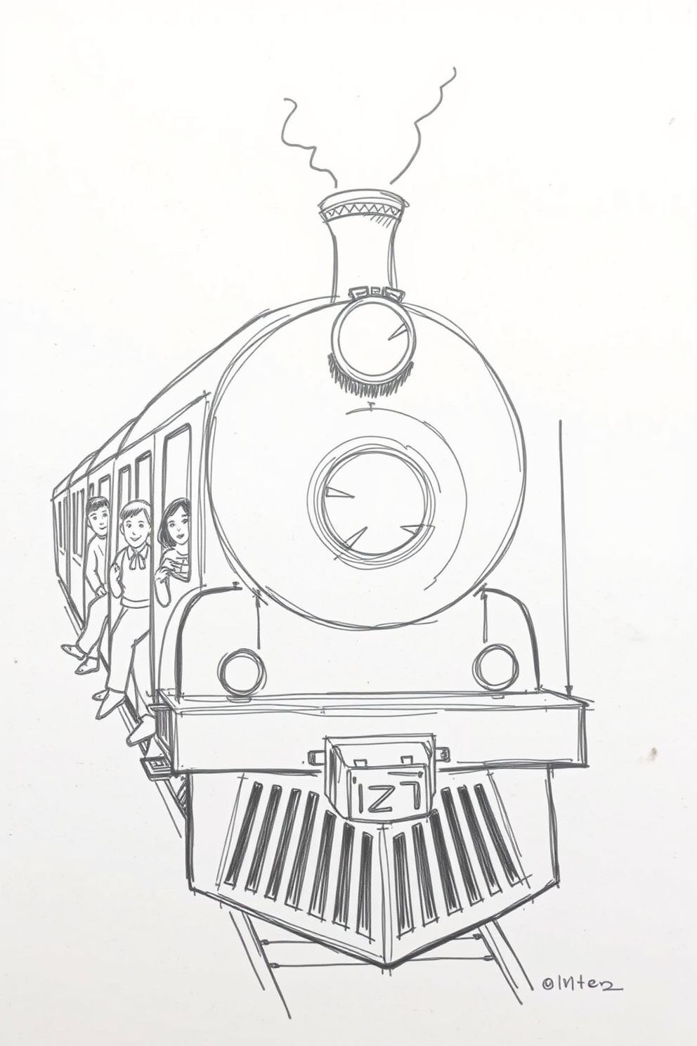 Sketch Drawing of Polar Express Train with Passengers